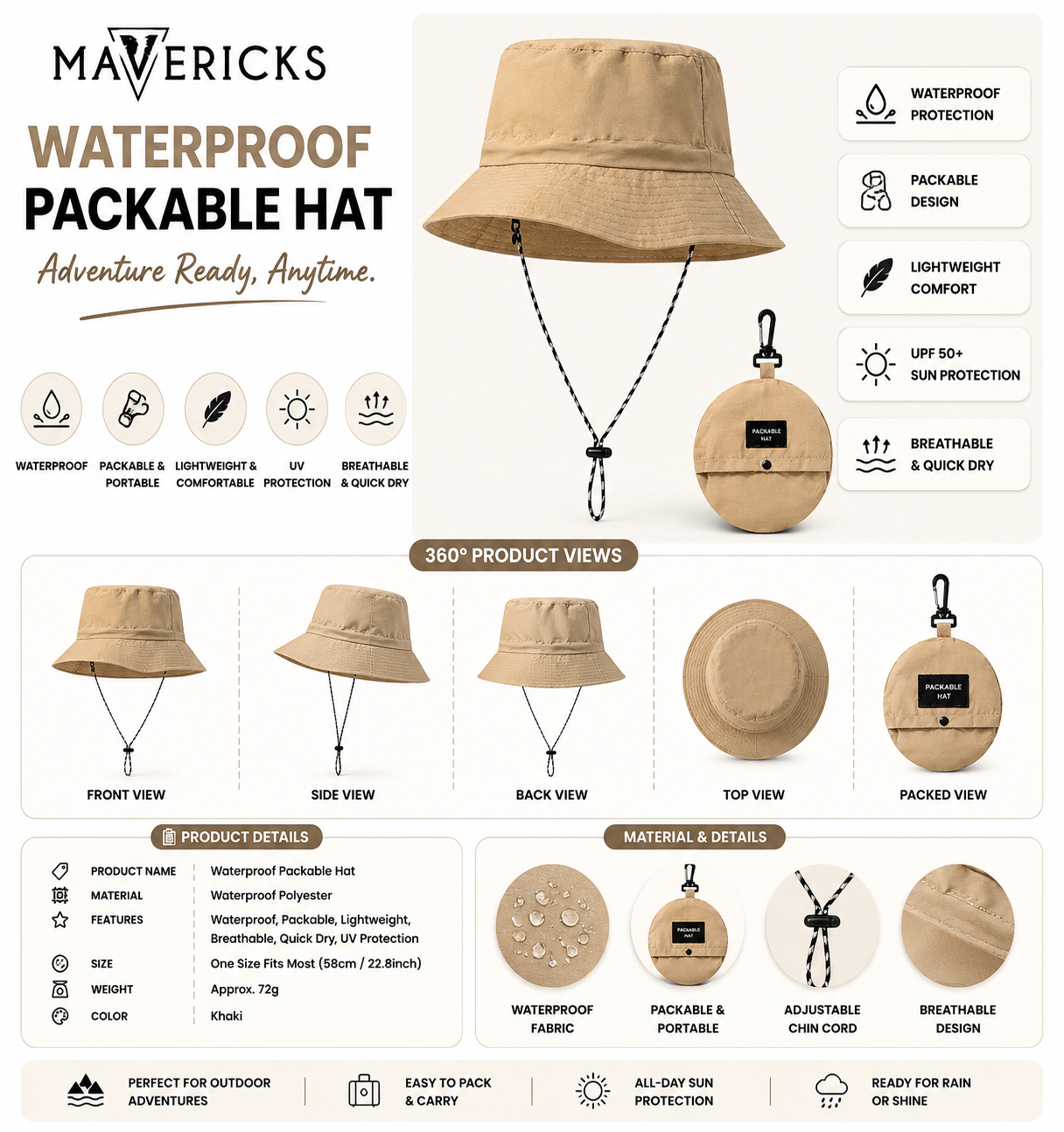 Waterproof Packable Hat in Beige