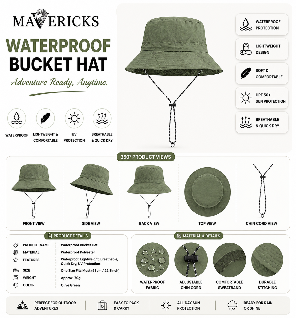 Waterproof Packable Hat in Army Green